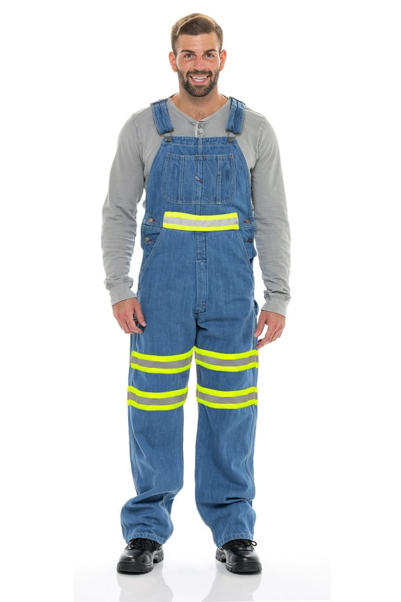 Men's Hi-vis Bib Overall Denim Heavy-Duty Workwear With Reflective Stripes Multi-Pockets Jeans Dungaree Green Light Blue W30-L30