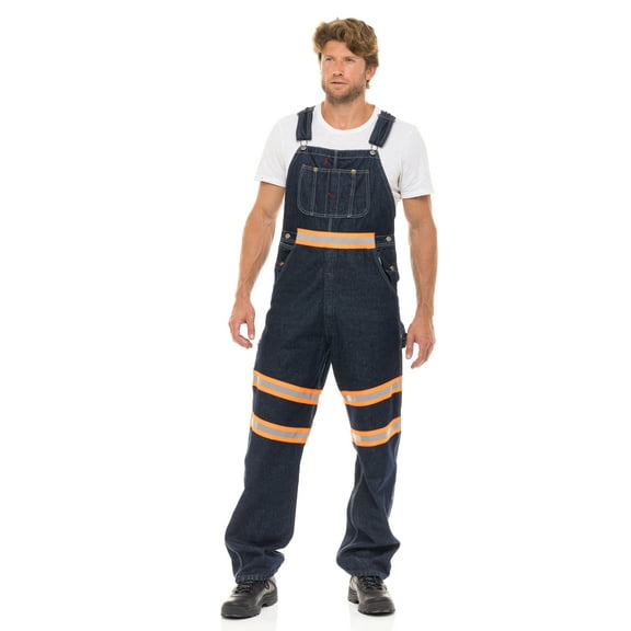 NotusWears Men's Hi-vis Bib Overall Denim Heavy-Duty Workwear With Reflective Stripes Multi-Pockets Jeans Dungaree Orange Dark Blue W32-L30
