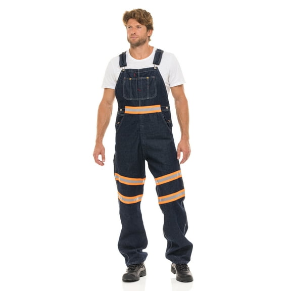 NotusWears Men's Hi-vis Bib Overall Denim Heavy-Duty Workwear With Reflective Stripes Multi-Pockets Jeans Dungaree Orange Dark Blue W36-L32
