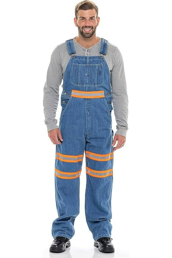 Men's Hi-vis Bib Overall Denim Heavy-Duty Workwear With Reflective Stripes Multi-Pockets Jeans Dungaree Orange Light Blue W36-L30
