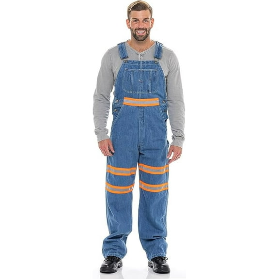 NotusWears Men's Hi-vis Bib Overall Denim Heavy-Duty Workwear With Reflective Stripes Multi-Pockets Jeans Dungaree Orange Light Blue W36-L34