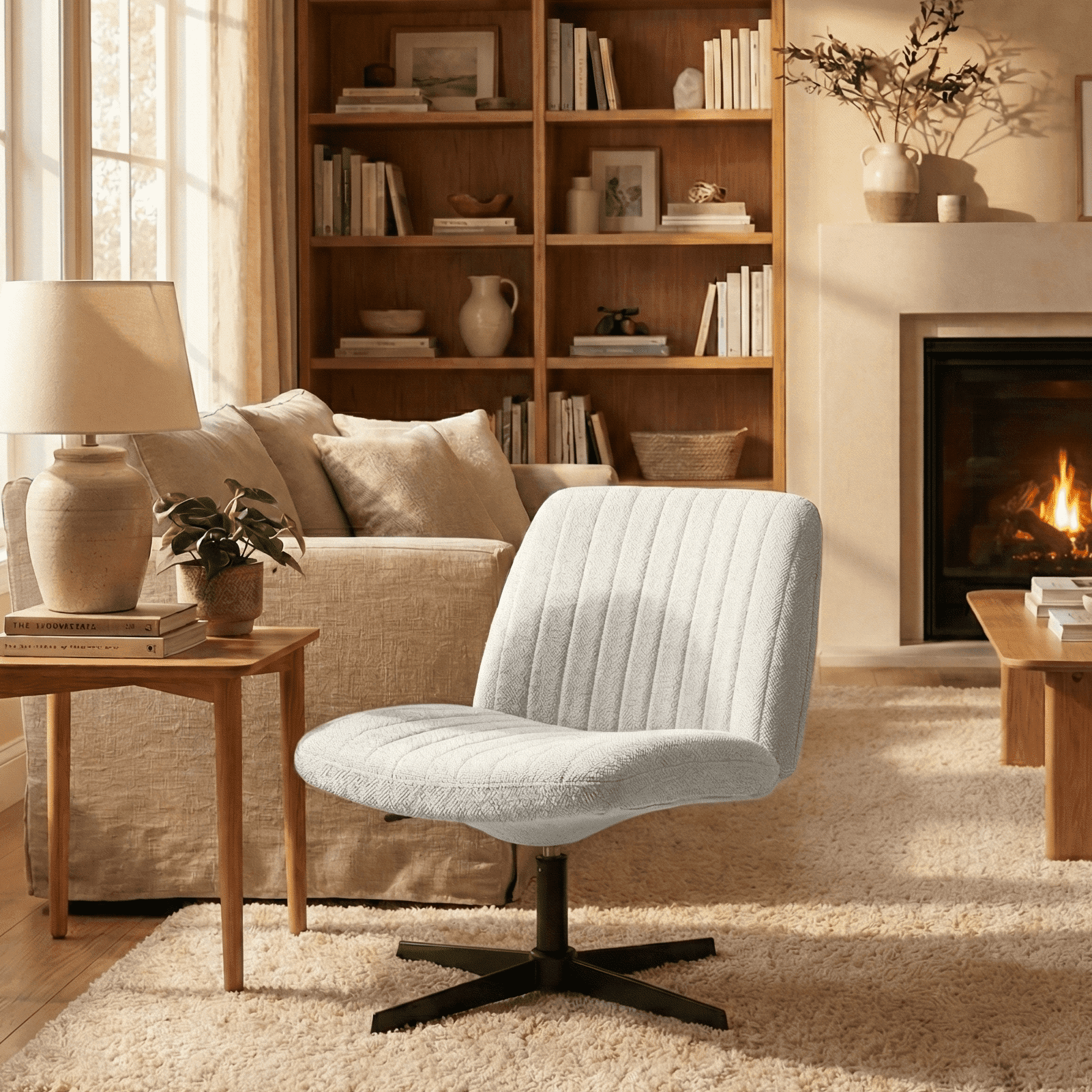 Nouhaus Criss Cross Line Chair, Cross Legged Vanity Chair No Wheels, Height Adjustable Wide Seat Computer Task Chair Home Office Chairs