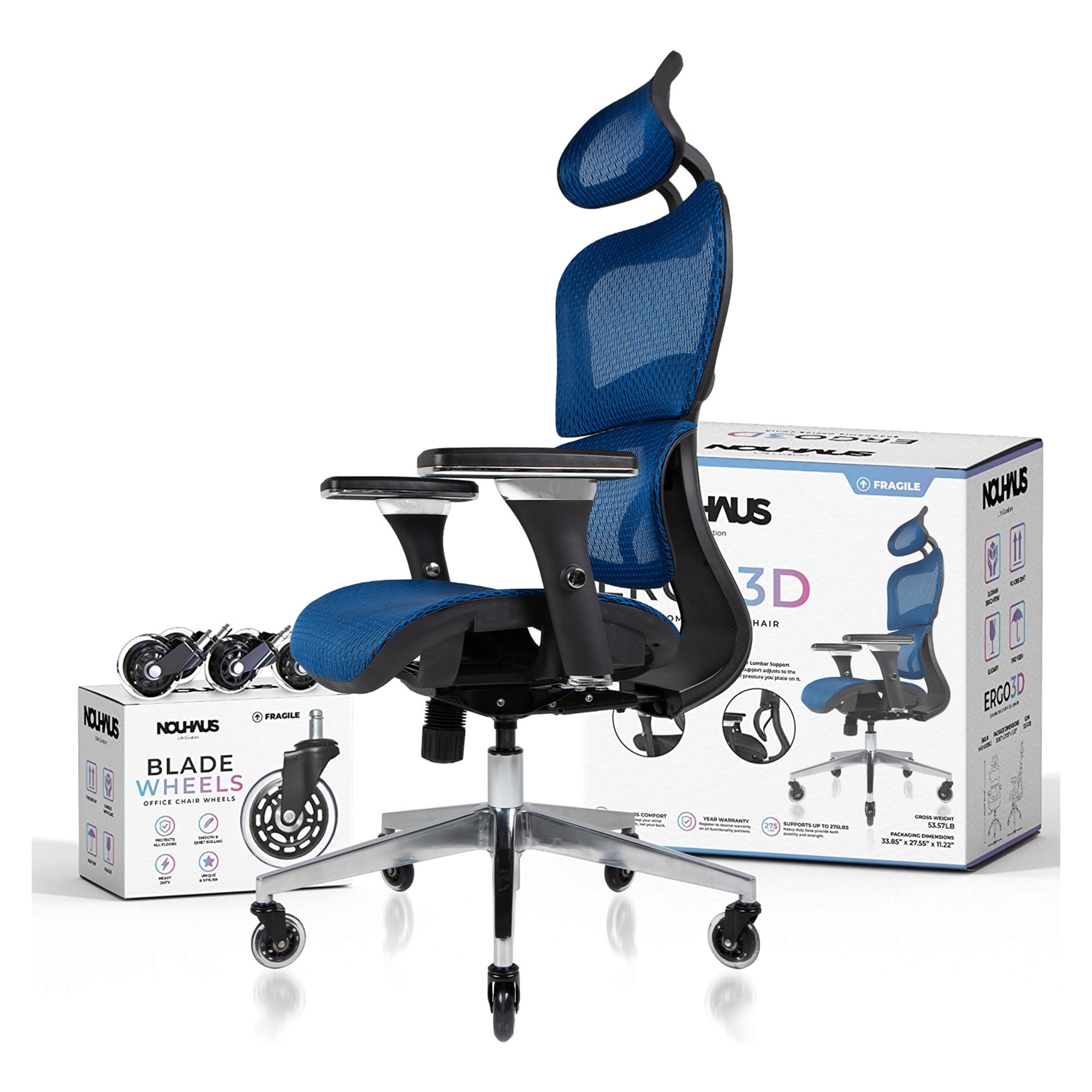 Brilliant Blue Ergonomic Mesh Executive Office Chair with Adjustable Arms