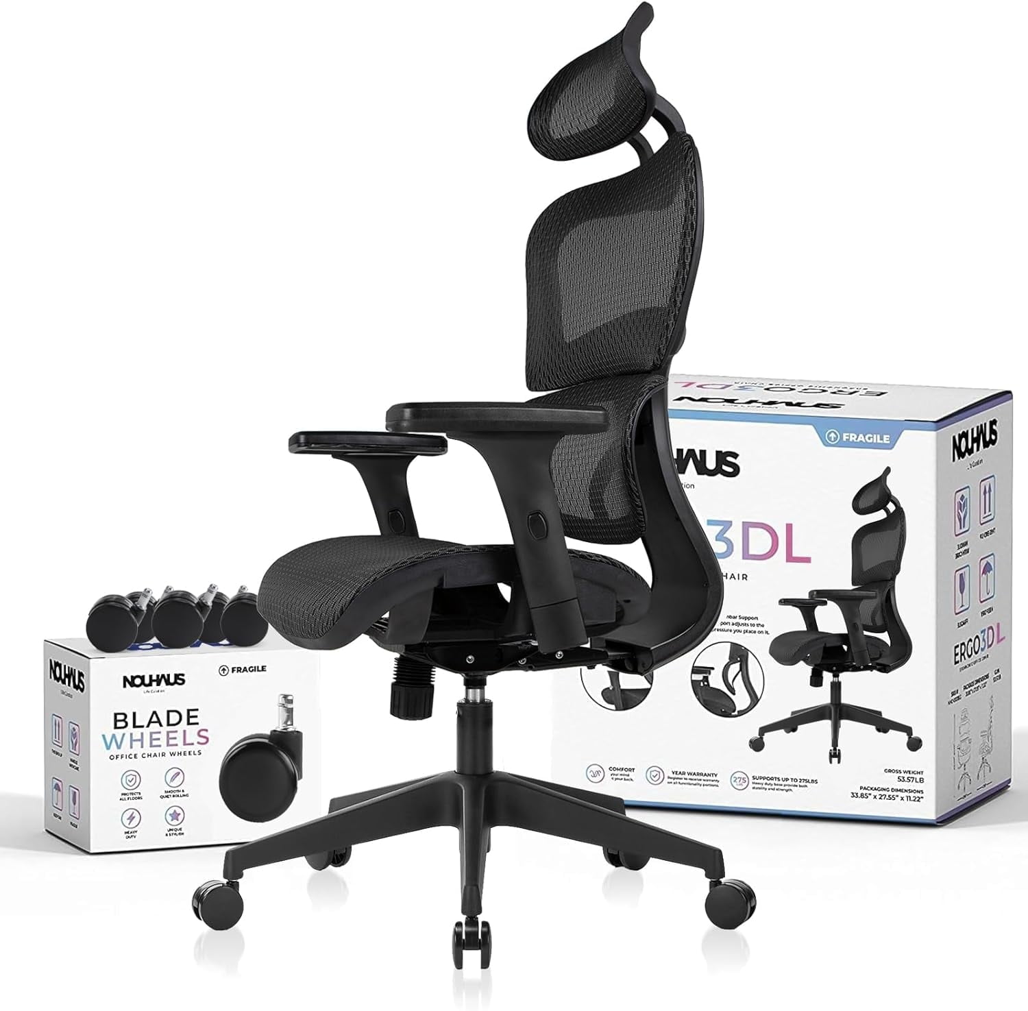 NOUHAUS Ergo3DL Ergonomic High-Back Mesh Office Chair with Adjustable Headrest, Lumbar Support, and Armrests, Black