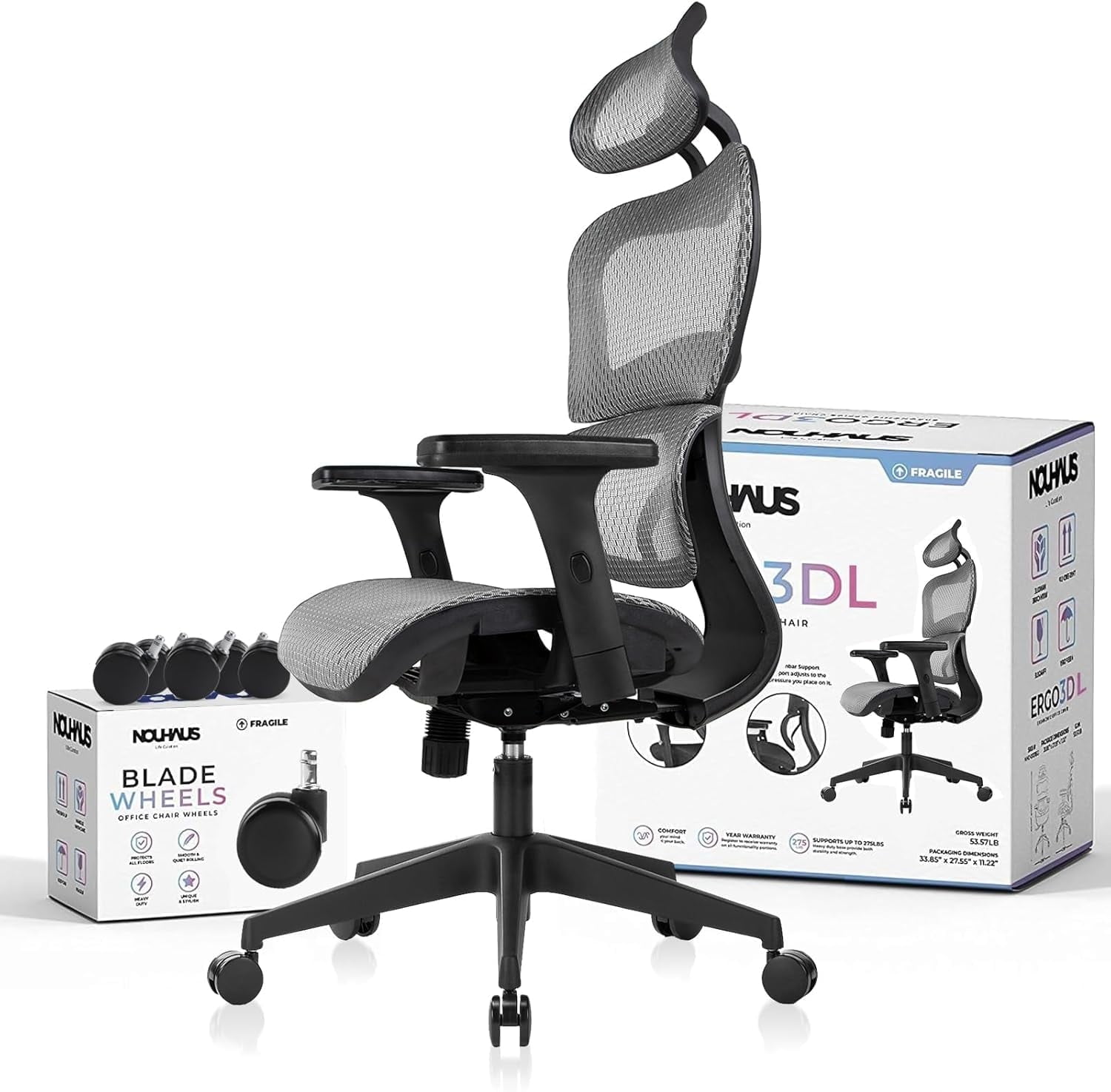 NOUHAUS Ergo3DL Ergonomic High-Back Mesh Office Chair with Adjustable Headrest, Lumbar Support, and Armrests, Gray