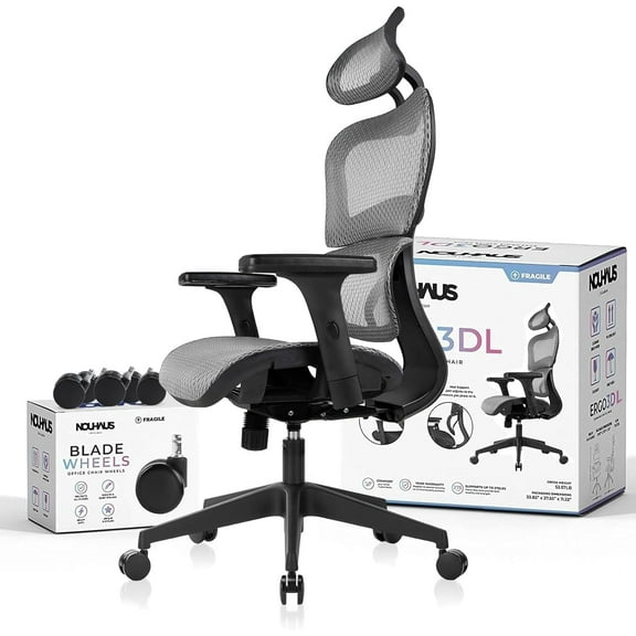 NOUHAUS Ergo3DL Ergonomic High-Back Mesh Office Chair with Adjustable Headrest, Lumbar Support, and Armrests, Gray