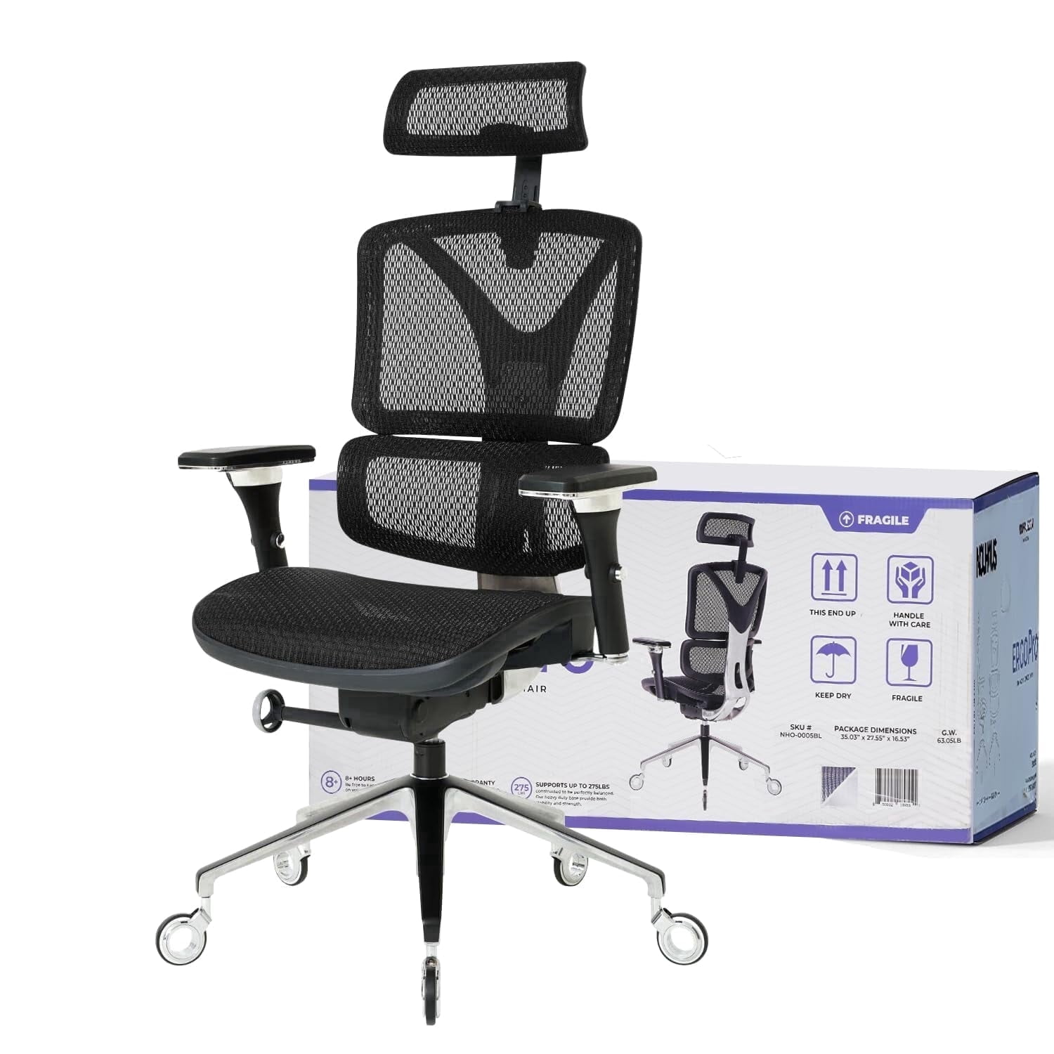 NOUHAUS ErgoPRO Mesh Ergonomic Swivel Office Chair with Adjustable Armrests, Lumbar Support, Headrest for Home Office, Black