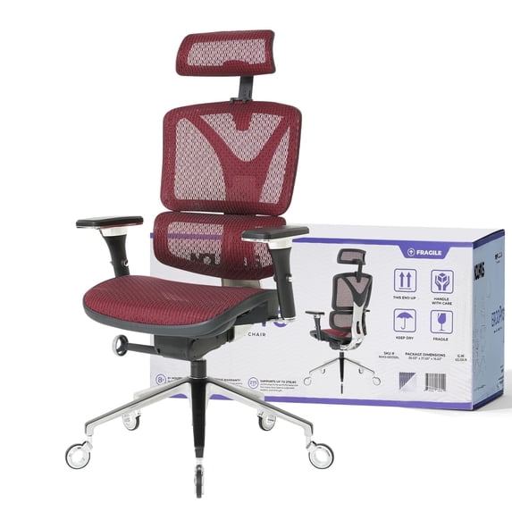 NOUHAUS ErgoPRO Mesh Ergonomic Swivel Office Chair with Adjustable Armrests, Lumbar Support, Headrest for Home Office , Burgundy