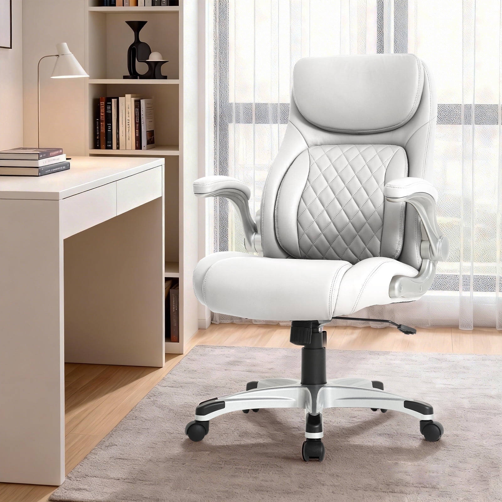 Nouhaus Office Ergonomic Desk High Back Executive Chair with Pop-Out Lumbar Support, Adjustable Headrest, Flip-Up Arms, Leather Home with Thick Cushion for Comfort - White
