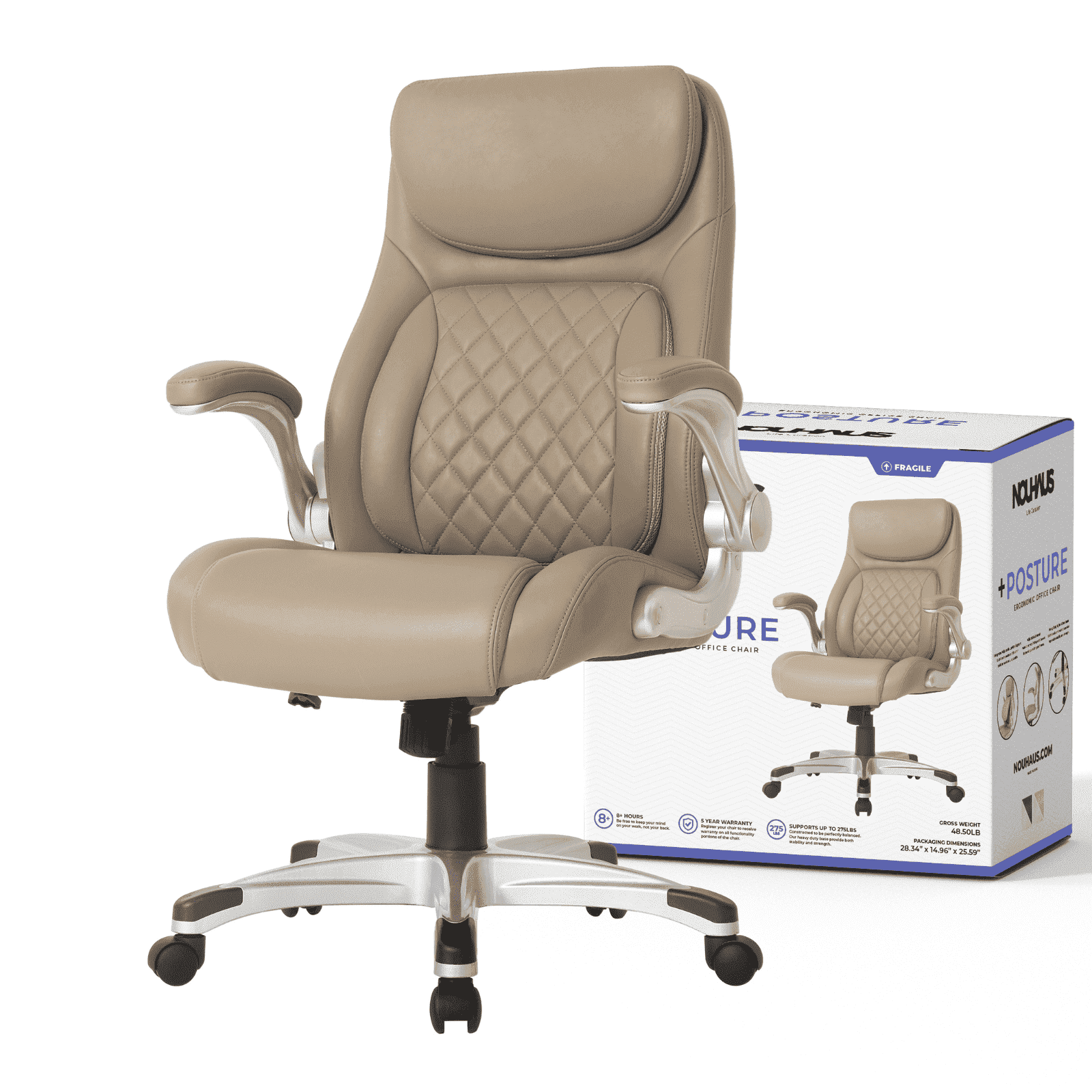 Nouhaus Posture Ergonomic PU Leather Office Chair. Click5 Lumbar Support with Flip-Up Arms. Modern Executive Chair and Computer Desk Chair