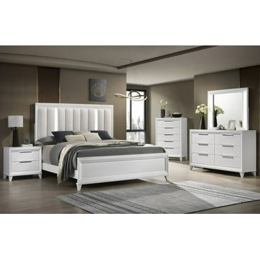 Noura 5 Pc Modern White LED Upholstered Panel Queen King Bedroom Set