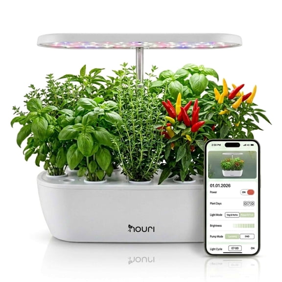 Nouri Hydroponics Growing System, 12 pod APP Smart Indoor Herb Garden Kit with LED Grow Lights, Basil Seeds Included