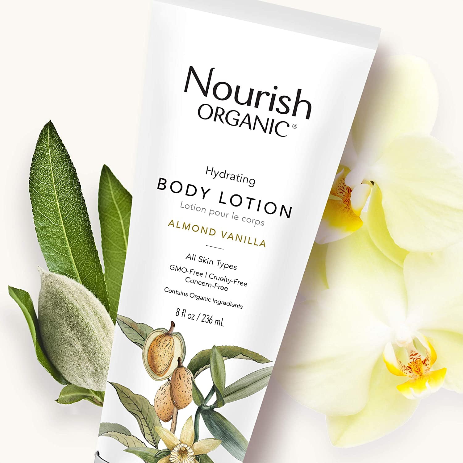 Nourish Organic | Hydrating Body Lotion - Almond Vanilla | GMO-Free, Cruelty Free, 100% Vegan, 8 Ounces - Pack Of 2.
