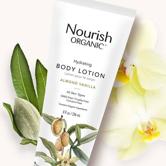Nourish Organic | Hydrating Body Lotion - Almond Vanilla | GMO-Free, Cruelty Free, 100% Vegan, 8 Ounces - Pack Of 2.