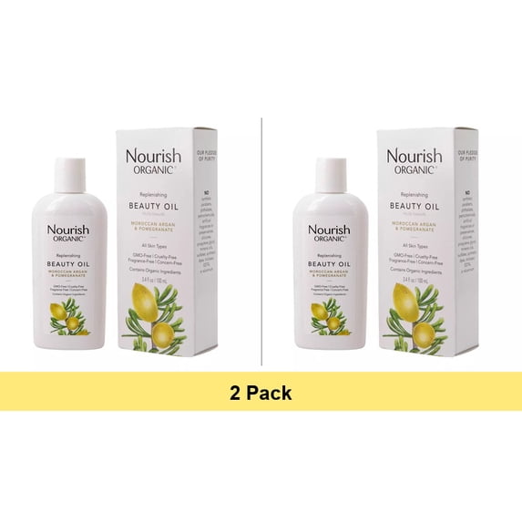 Nourish Organic Replenishing Multi Purpose Argan Oil With Pomegranate For Body Face and Hair, 3.4 Oz - 2 Pack