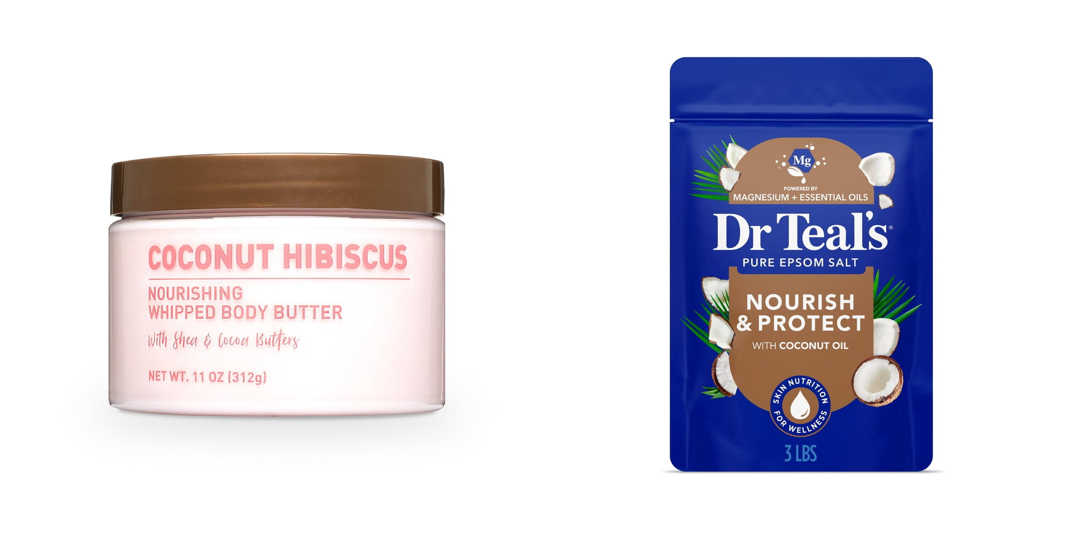 Nourishing Body Butter, Coconut Hibiscus & Dr Teal's Epsom Salt Magnesium Soak, Nourish & Protect with Coconut Oil, 3 lbs Bundle