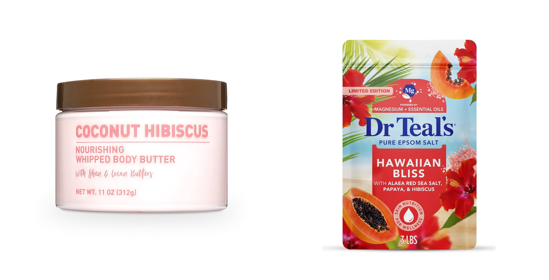 Nourishing Body Butter, Coconut Hibiscus & Dr Teal's Hawaiian Bliss Epsom Salt Magnesium Soak, Red Sea Salt, Papaya & Hibiscus, 3 lbs Bundle