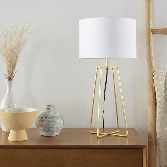 Nourison 24" Gold Geometric Metal Table Lamp, Modern, Transitional for Bedroom, Dining Room, Living Room, Office, Brass