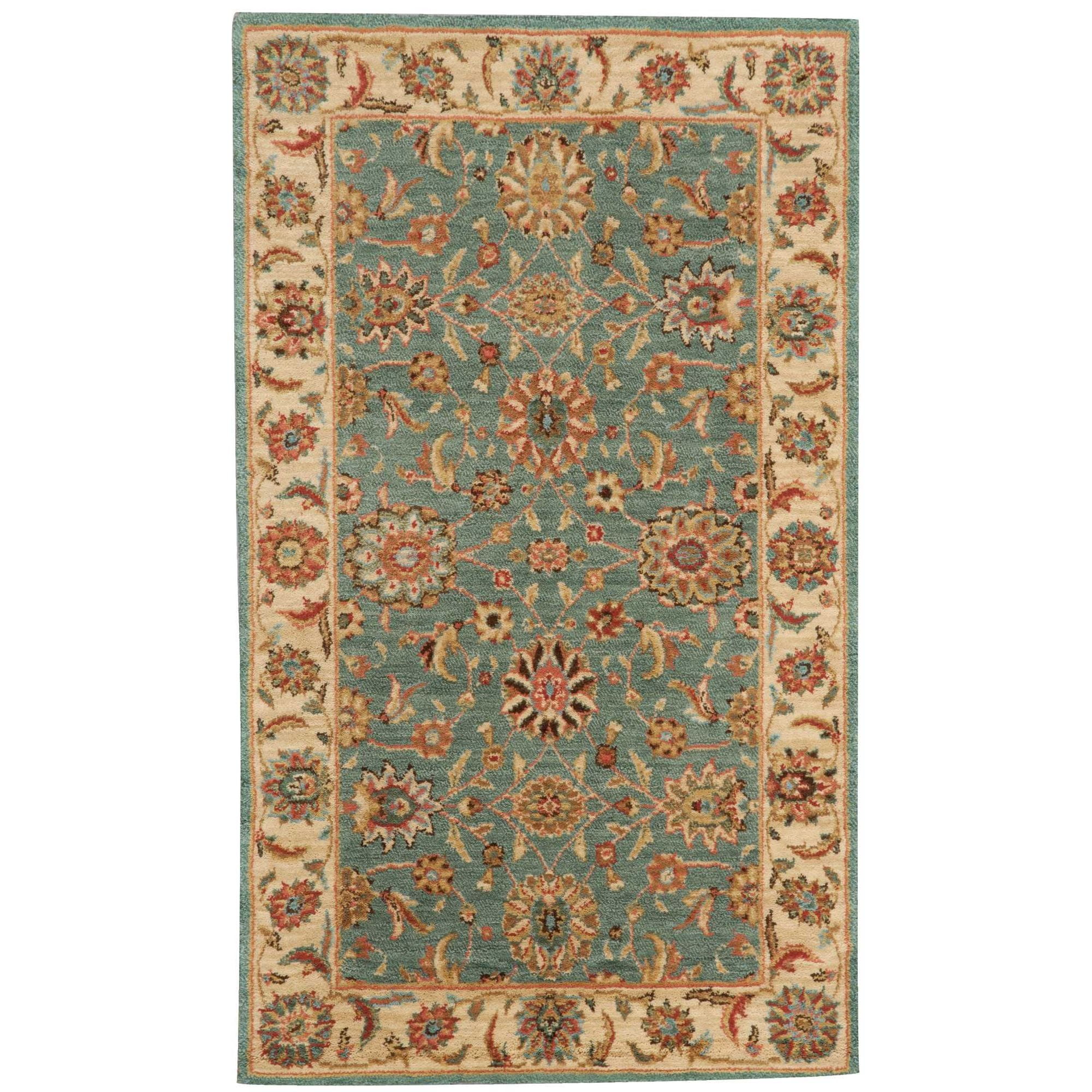 Aqua Floral Motif Traditional Wool Area Rug 2'6" x 4'3"