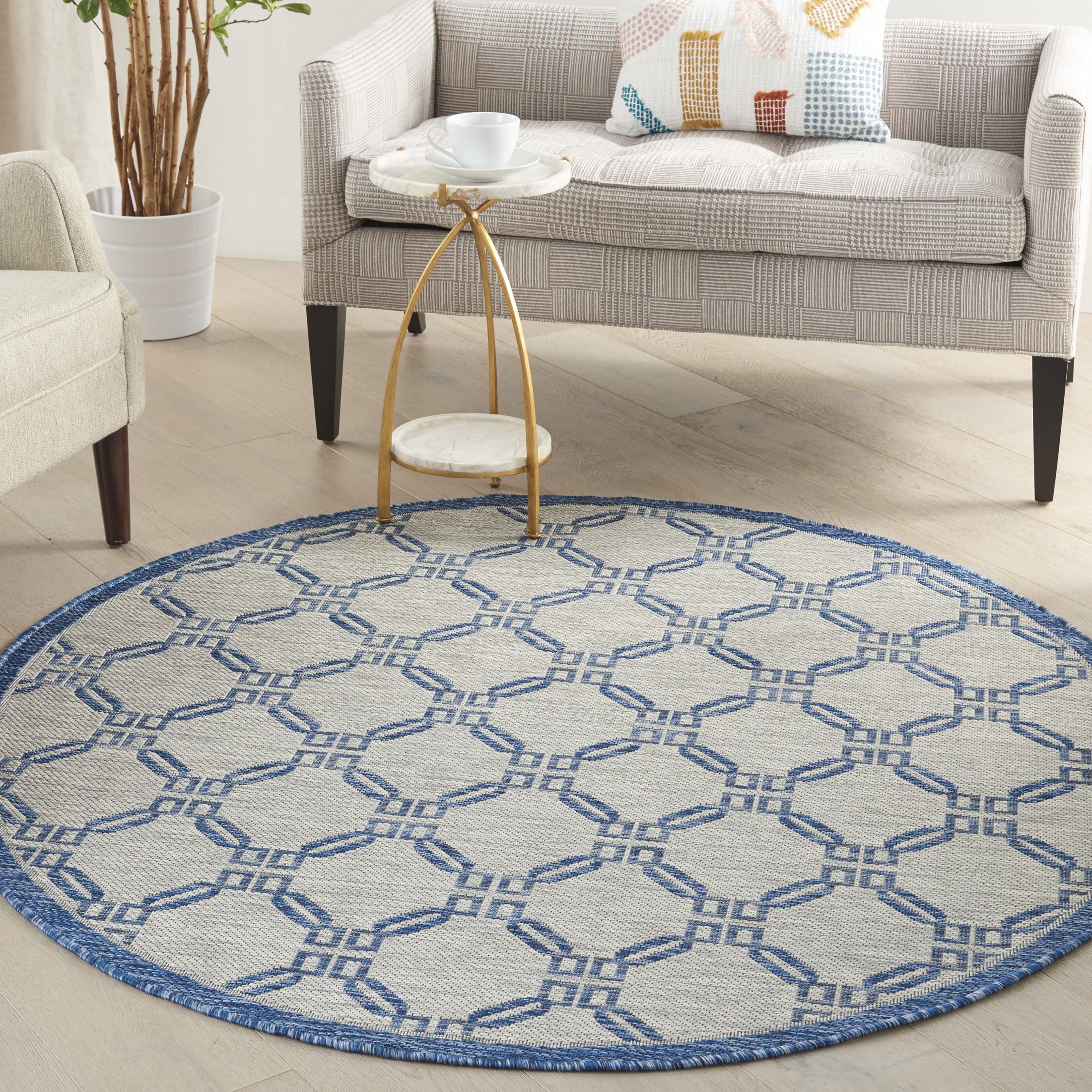 Nourison Country Side 5'3" x Round Ivory Blue Coastal, Nautical & Beach Rug