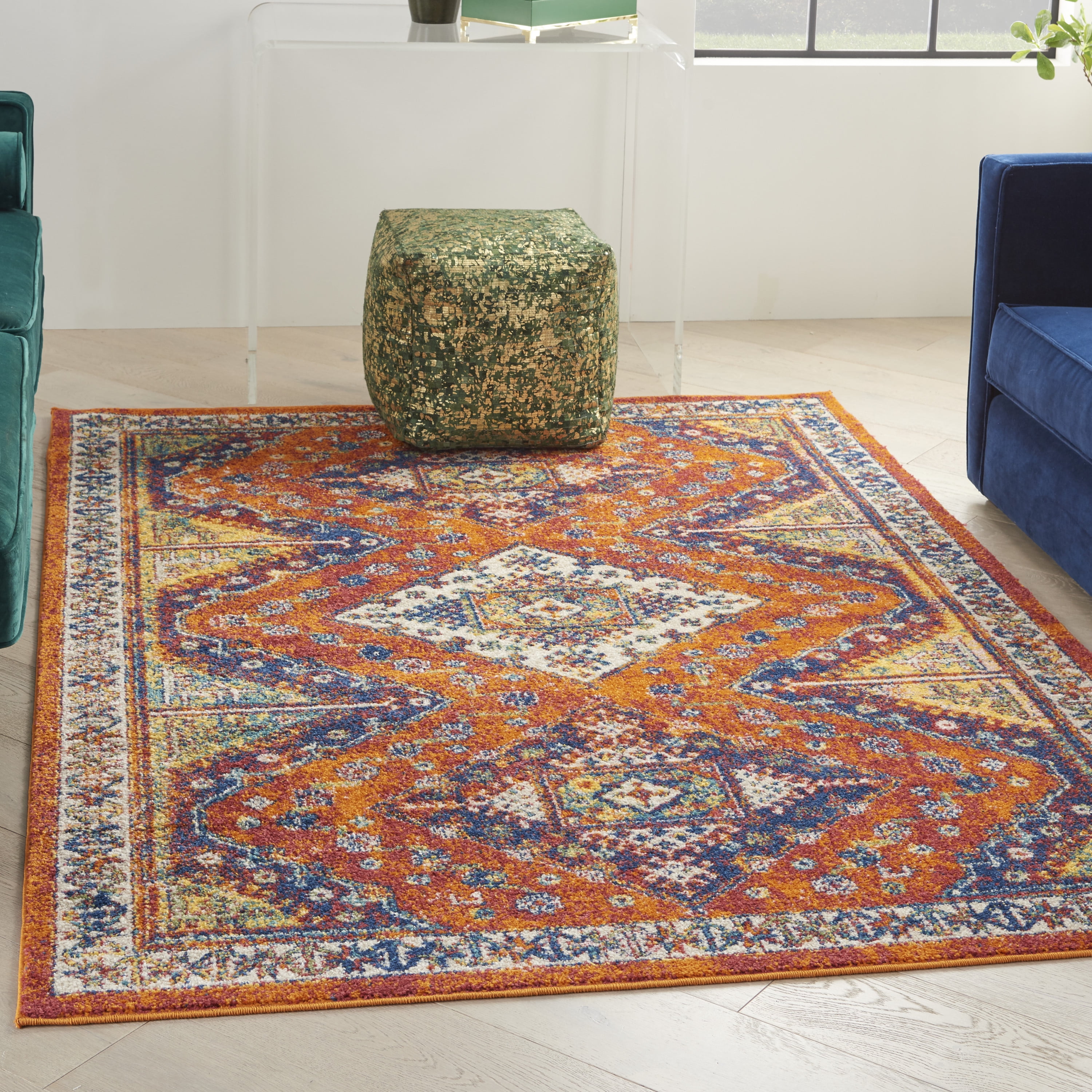 Orange Multicolor Diamond Pattern 4' x 6' Synthetic Area Rug