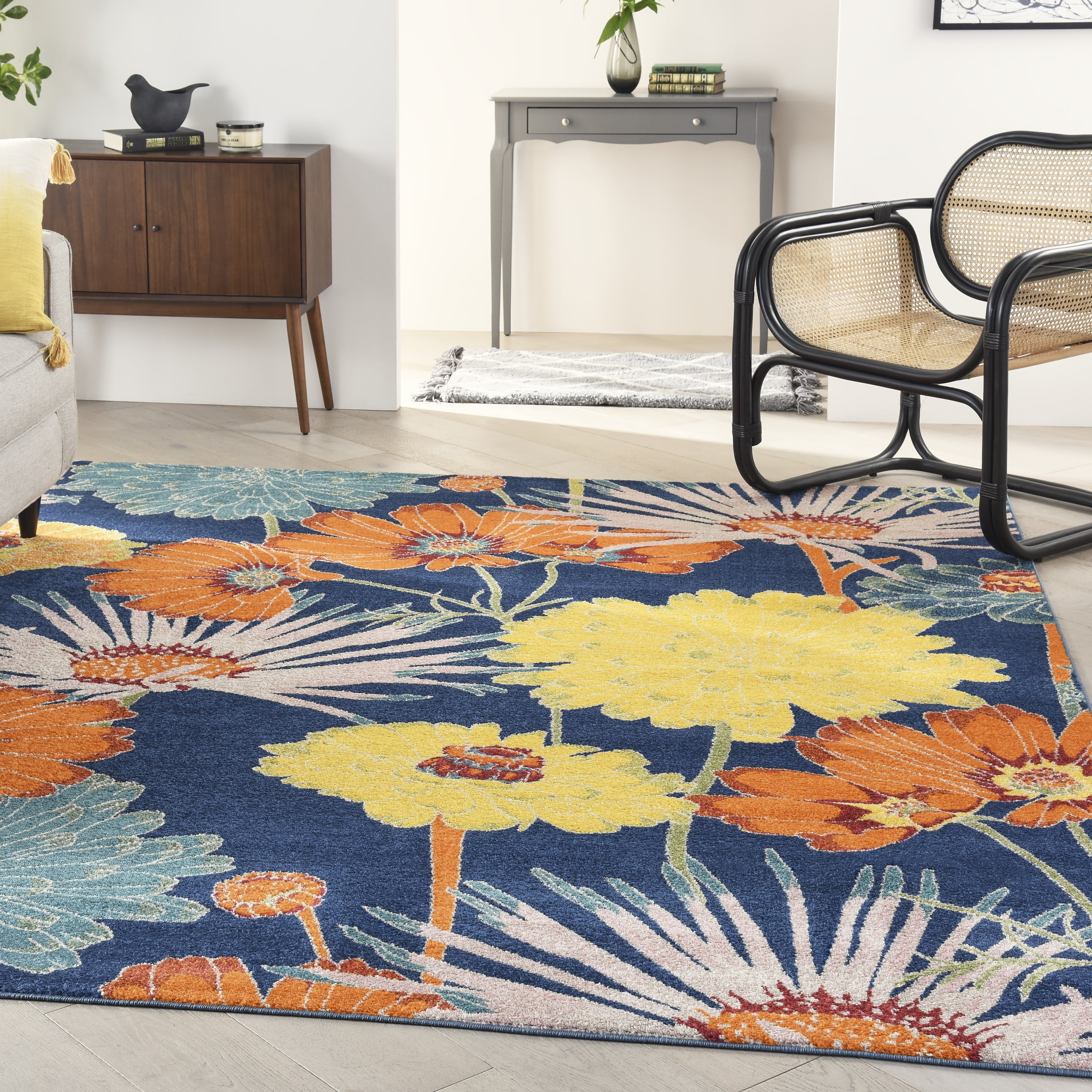 Navy Multicolor Floral Synthetic 9' x 12' Rectangular Rug