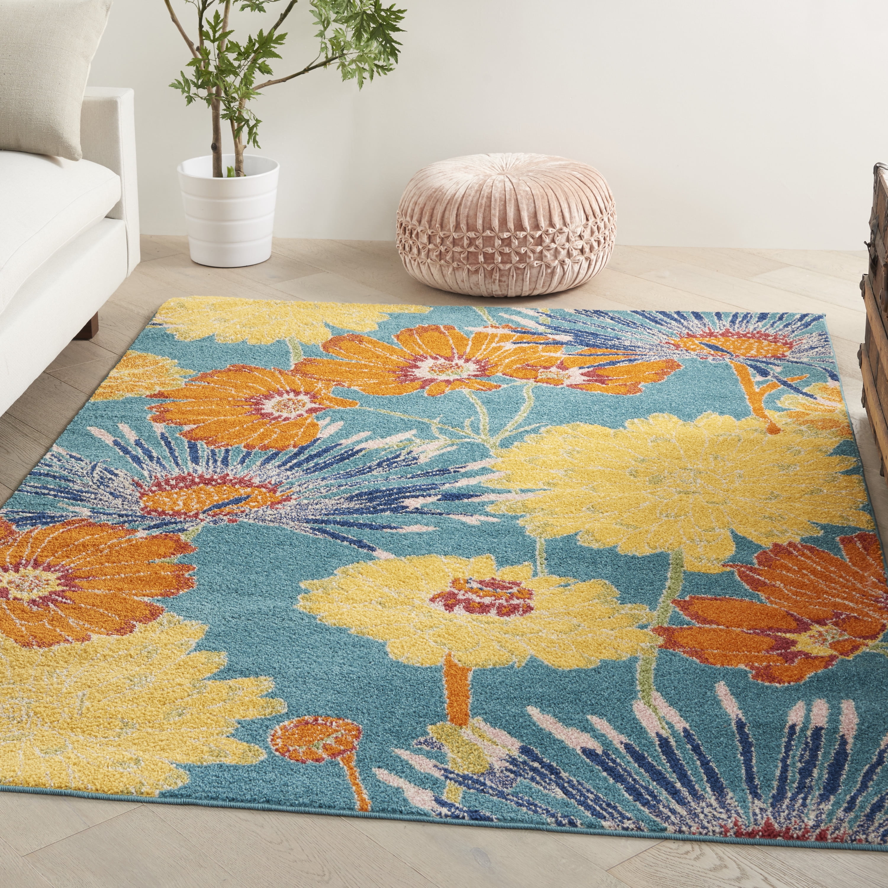 Handmade Turquoise Multicolor Floral Synthetic Area Rug 5' x 7'