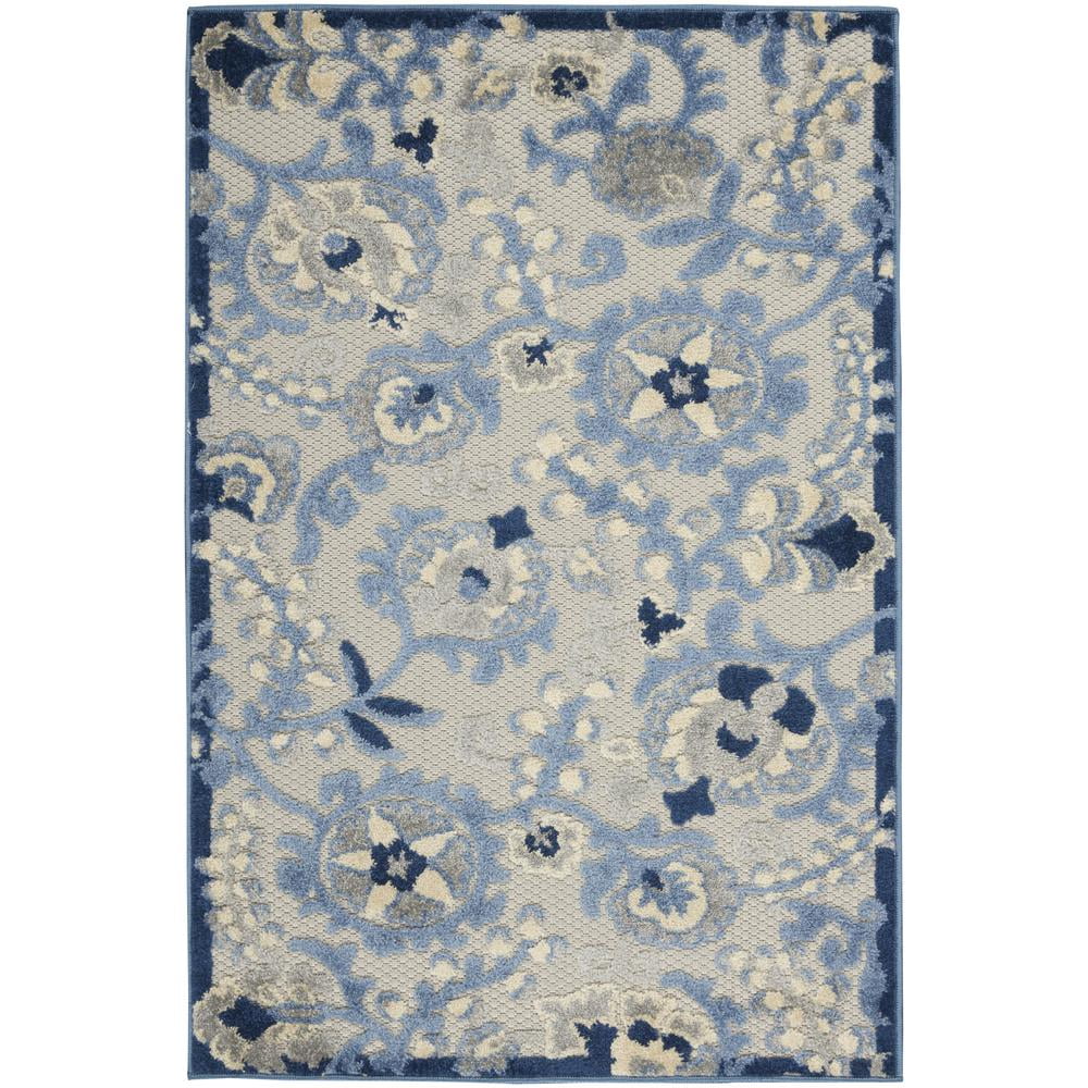 Blue and Grey Floral Synthetic Flat Woven Rug, 3' x 5'