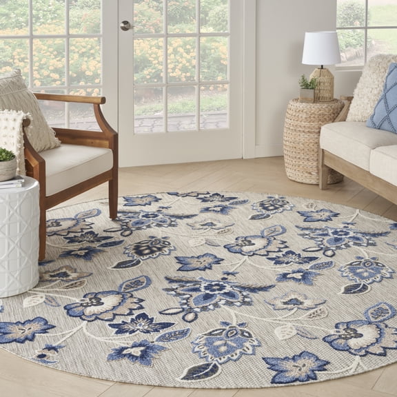 Nourison Aloha Indoor/Outdoor Blue Grey 7’10” x Round Area Rug (8 Round)