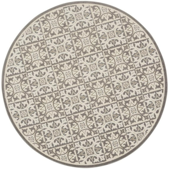 Nourison Aloha Modern Mosaic Flatweave High-Low Indoor Outdoor Round Rug Ivory Grey 7’10” x 7'10"