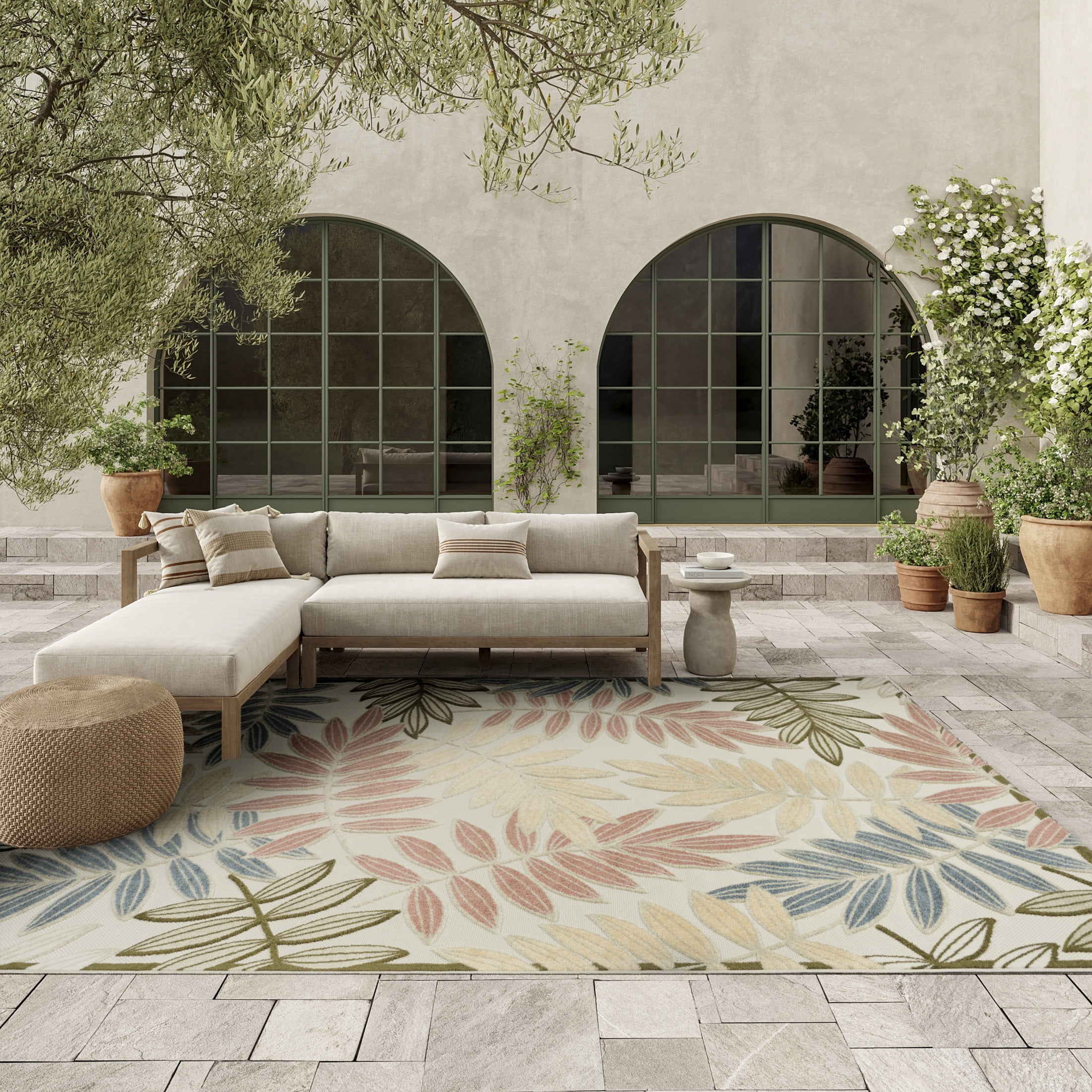 Nourison, Outdoor Area Rug, 7' x 10', Natural with Leaf Design