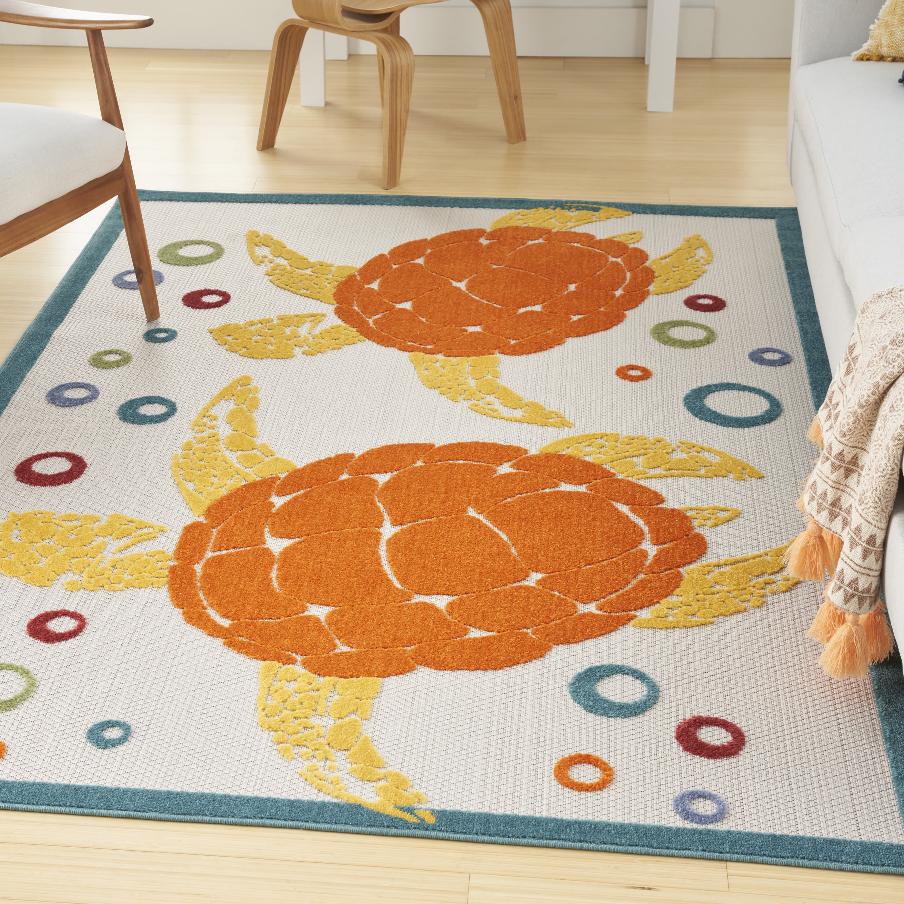 Teal Multi Whimsical Turtle 6' x 9' Indoor/Outdoor Area Rug