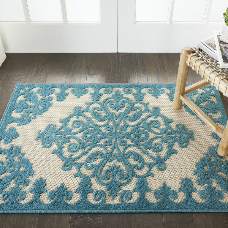 3' X 4' Aqua Damask Indoor Outdoor Area Rug 3' X 4' Aqua Damask Indoor Outdoor Area Rug