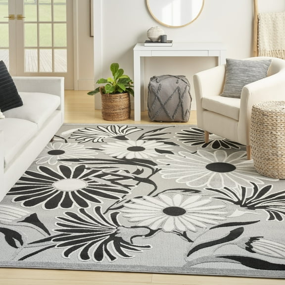 Nourison Aloha Indoor/Outdoor Black White 7'10" x 10'6" Area Rug, (8x11)