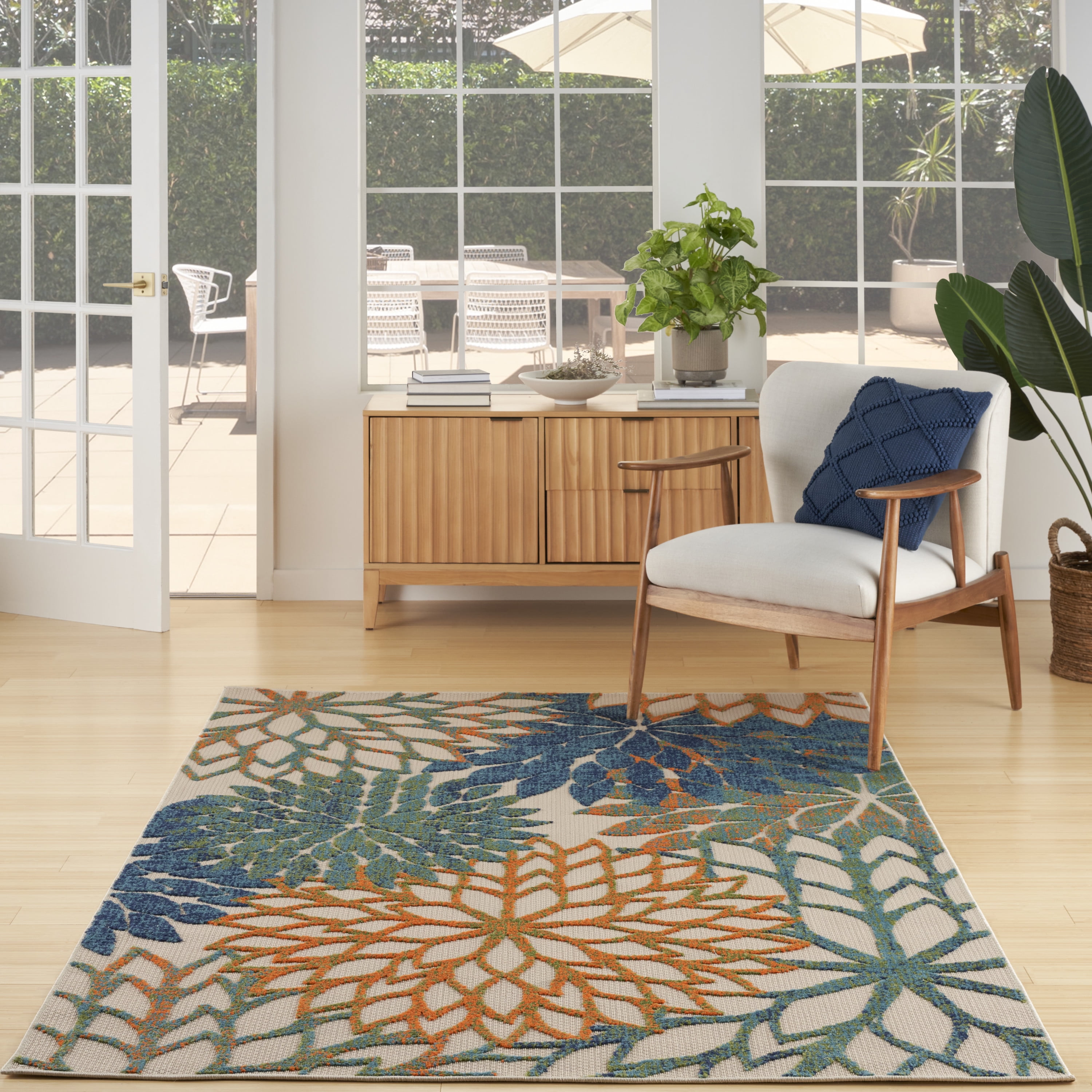 Blue Green Floral Synthetic Indoor Outdoor Rug, 5' x 7'