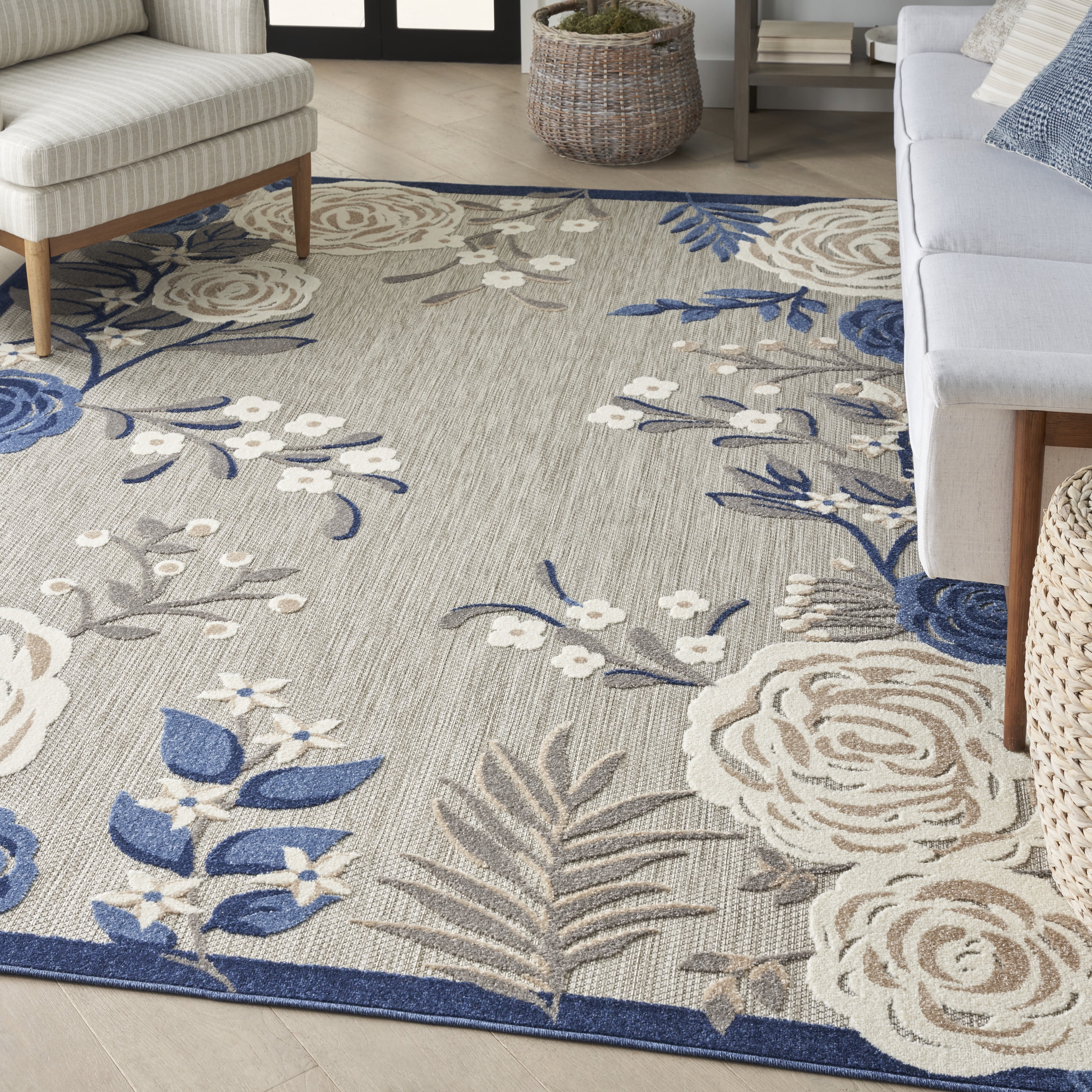 Blue Floral Rectangular 4' x 6' Stain-Resistant Synthetic Rug