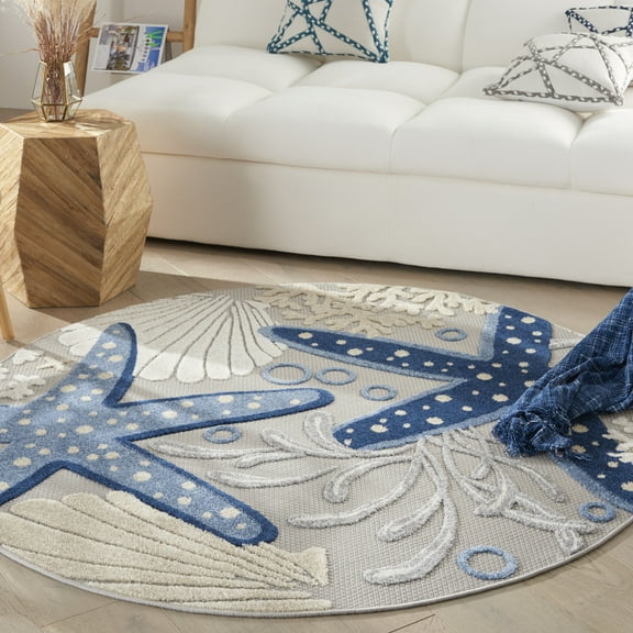 Nourison Aloha Indoor/Outdoor Blue/Grey 5'3" x ROUND Area Rug, (5 Round)