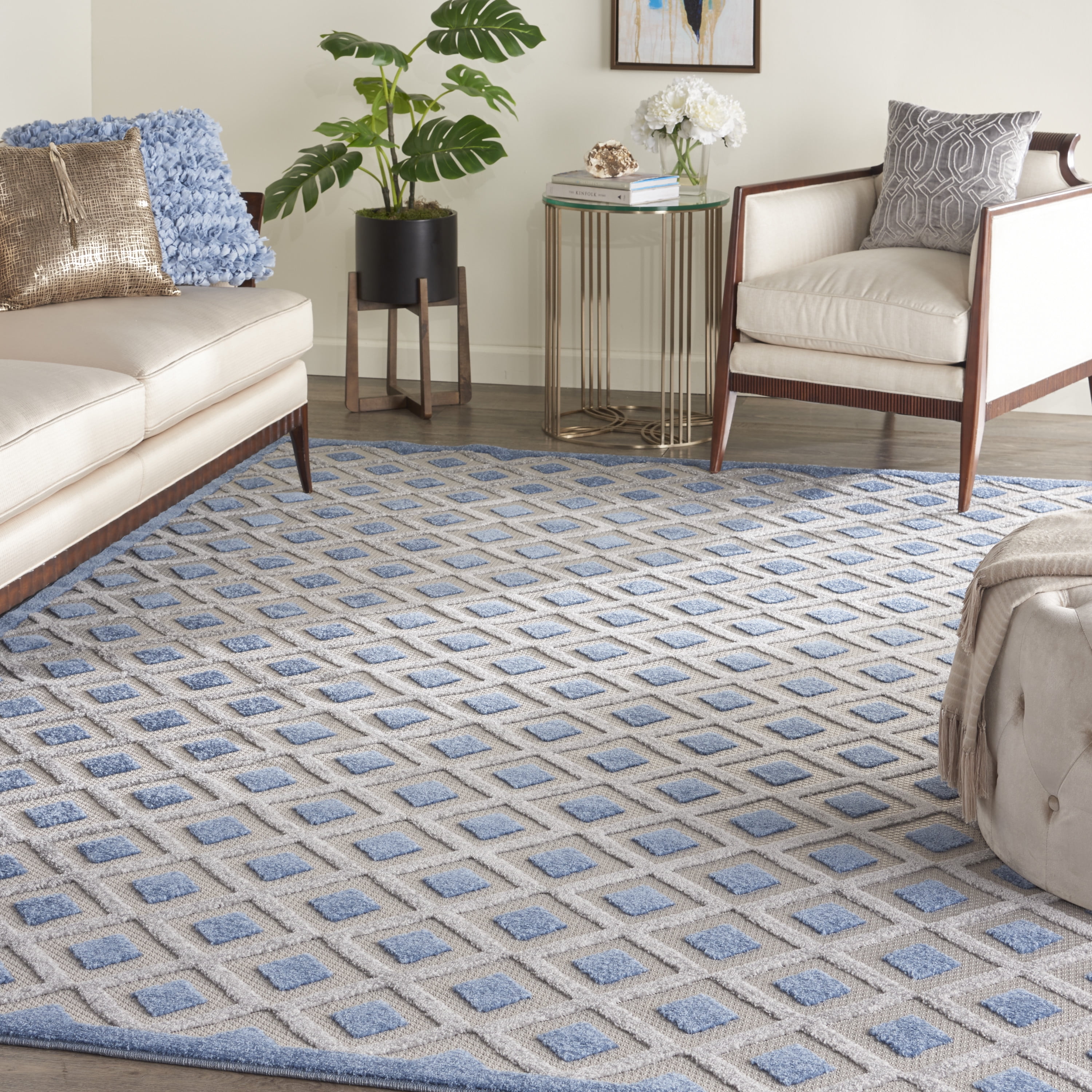 Blue and Grey Diamond Pattern Rectangular Synthetic Rug 7'10" x 10'6"