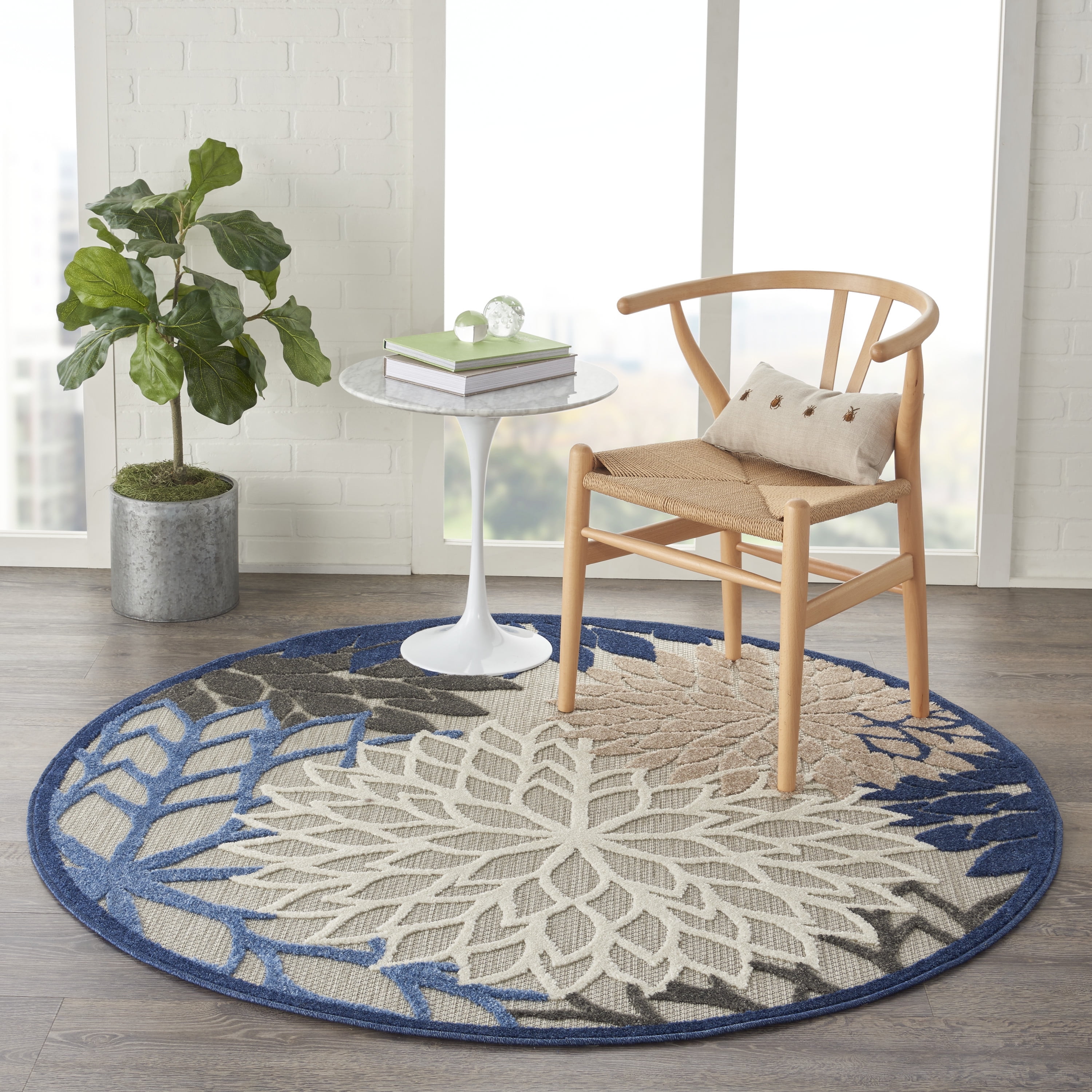 Nourison Aloha Indoor/Outdoor Blue/Multicolor 5'3" x ROUND Area Rug, (5 Round)