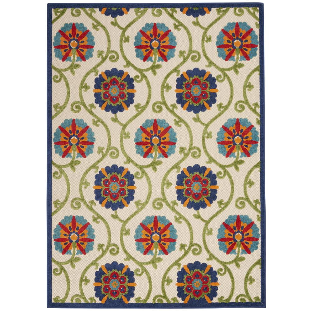 Aloha Floral Bloom Blue and Multicolor Easy-Care Outdoor Rug