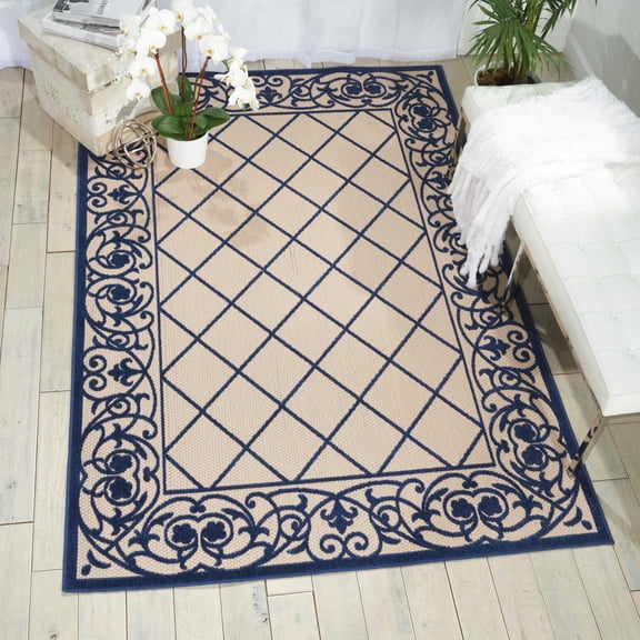 Nourison Aloha Indoor/Outdoor Bordered Trellis Navy 9'6" x 13' Area Rug, (10' x 13')