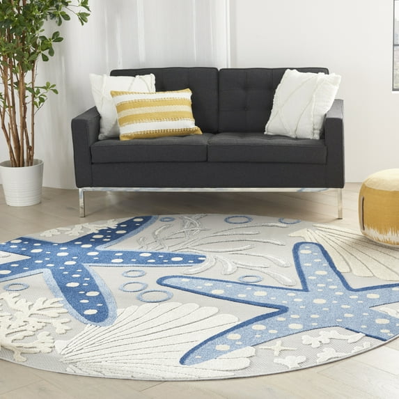 Nourison Aloha Indoor/Outdoor Coastal Tropical Blue/Grey 7'10" x round Area Rug, (8' Round)
