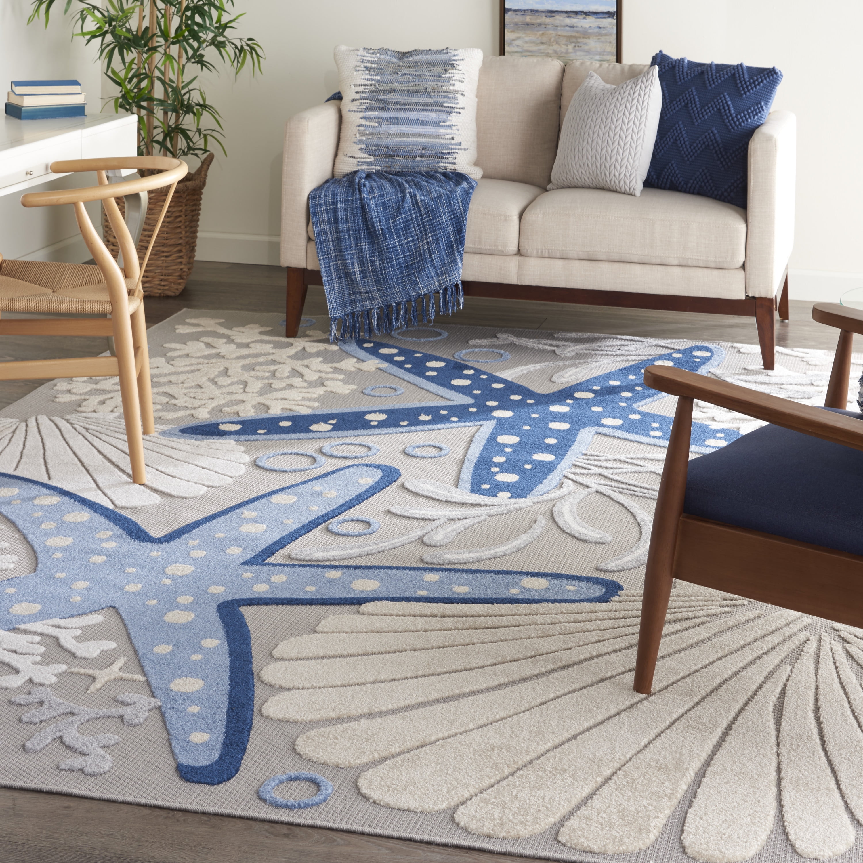 Nourison Aloha Indoor/Outdoor Coastal Tropical Blue/Grey 7' x 10' Area Rug, (7' x 10')