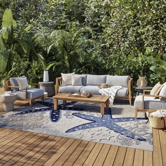 Nourison Aloha Indoor/Outdoor Coastal Tropical Blue/Grey 9' x 12' Area Rug, (9' x 12')
