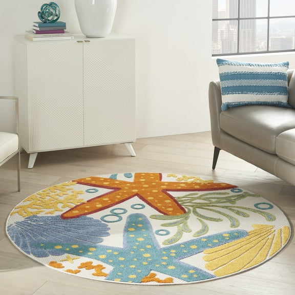 Nourison Aloha Indoor/Outdoor Coastal Tropical Multicolor 4' x round Area Rug, (4' Round)