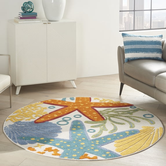 Nourison Aloha Indoor/Outdoor Coastal Tropical Multicolor 5'3" x round Area Rug, (5' Round)