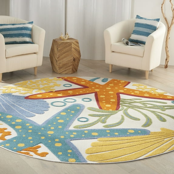 Nourison Aloha Indoor/Outdoor Coastal Tropical Multicolor 7'10" x round Area Rug, (8' Round)