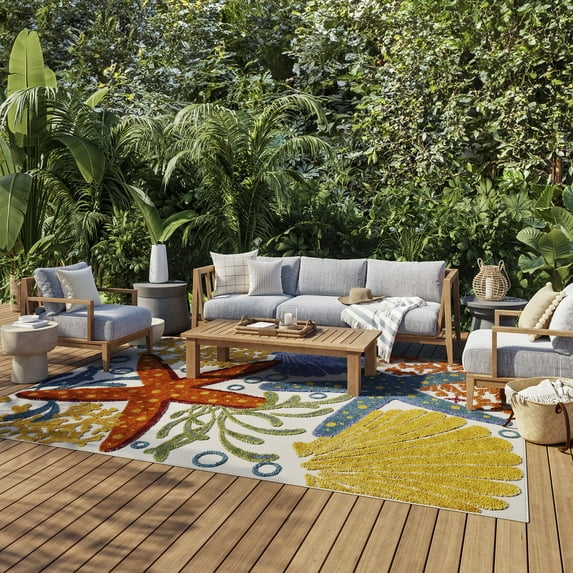 Nourison Aloha Indoor/Outdoor Coastal Tropical Multicolor 9' x 12' Area Rug, (9' x 12')