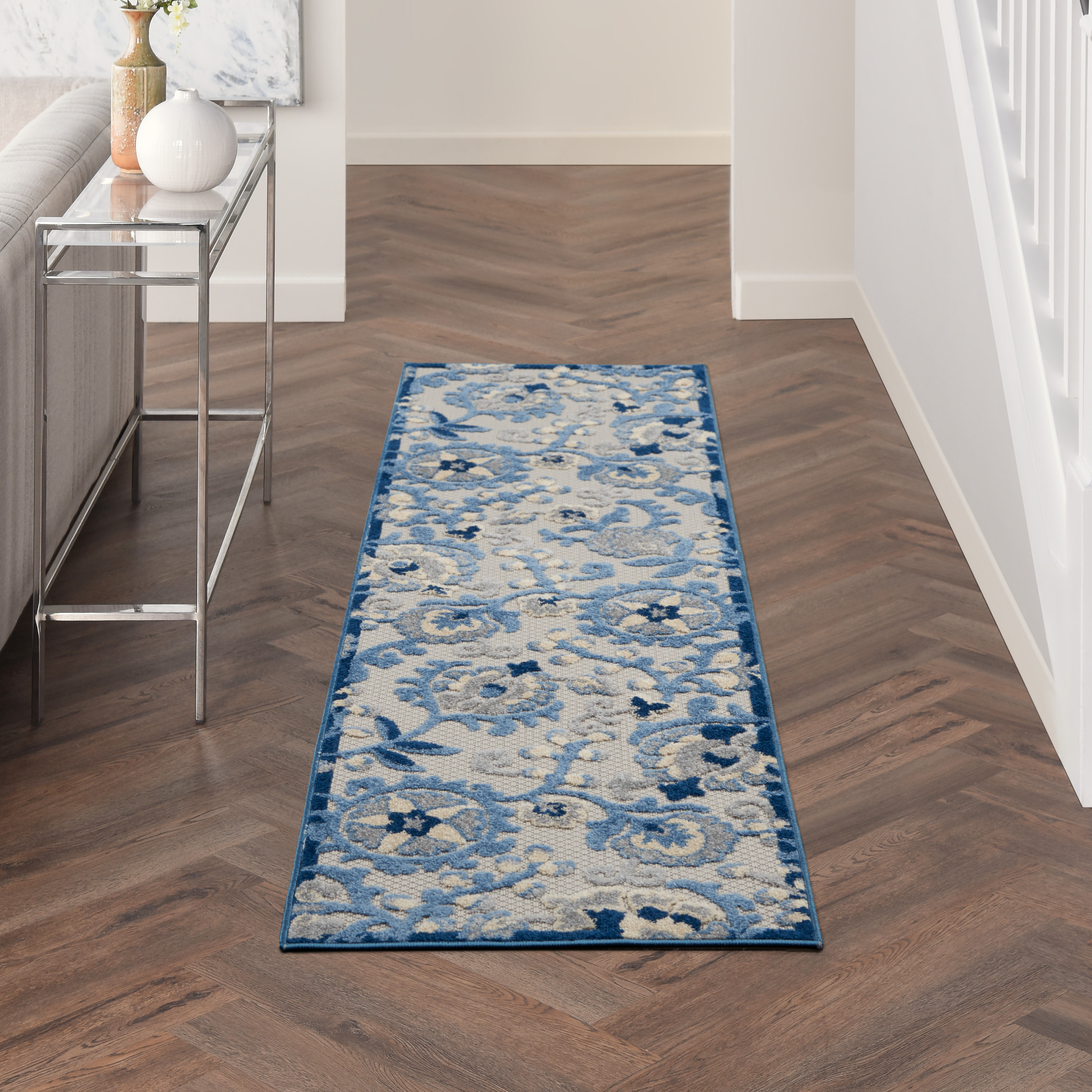 Nourison Aloha Indoor/Outdoor Farmhouse Transitional Blue/Grey 2' x 6' Area Rug, (2' x 6')