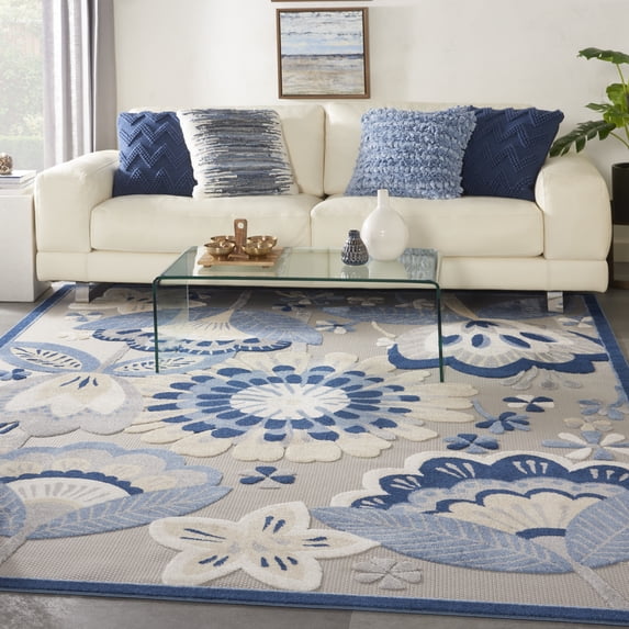Nourison Aloha Indoor/Outdoor Floral Contemporary Blue/Grey 12' x 15' Area Rug, (12' x 15')